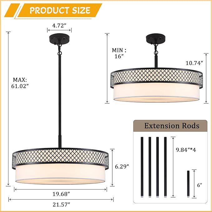 21.5" Drum Black Chandelier for Dining Room 5-Light Modern Farmhouse Chandeliers White Fabric Drum Pendant Light Fixture Large Hanging Lighting for Living Room Bedroom Kitchen Foyer Over Table, E26