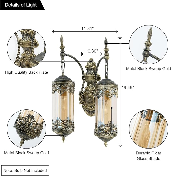Rustic Wall Sconce with Amber Glass Vintage 2-Lights Antique Gothic Wall Light Fixture Retro Mid Centry Lantern Wall Sconce for Bedroom, Living Room, Mirror, Brush Gold, E12