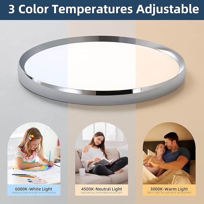 Modern Bathroom LED Ceiling Light, 19inch Chrome Round Flush Mount Ceiling Light, Dimmable 3000K-6000K, 40W, Ultra-Thin Minimalist Office Lighting for Living Room, Bedroom, Kitchen, Hallway