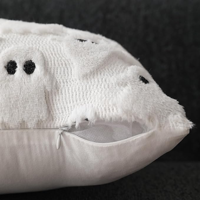 DFXSZ Halloween Pillow Covers 12x20 inch Set of 2 White Ghost Throw Pillow Cases Soft Plush Faux Fur Wool Cushion Case for Chair Bedroom Living Room Home Decor PTK03A12