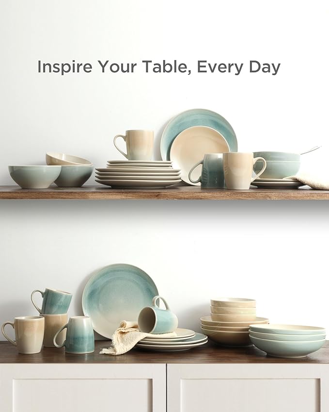 Famiware Glacier Dinnerware Sets, Plates and Bowls Dish Sets for 8 (24 Pieces), Stoneware Tableware - Dishwasher and Microwave Safe, Handcrafted Reactive Glaze, Aqua