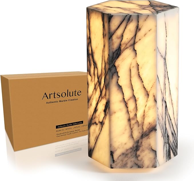 Handcrafted Real Marble Table Lamp, Stone Lamp with Tri-Color Dimmable LED, Bedside Lamp, Small Table Lamp for Home Decor, Table Lamp for Bedroom Living Room, Hexagon