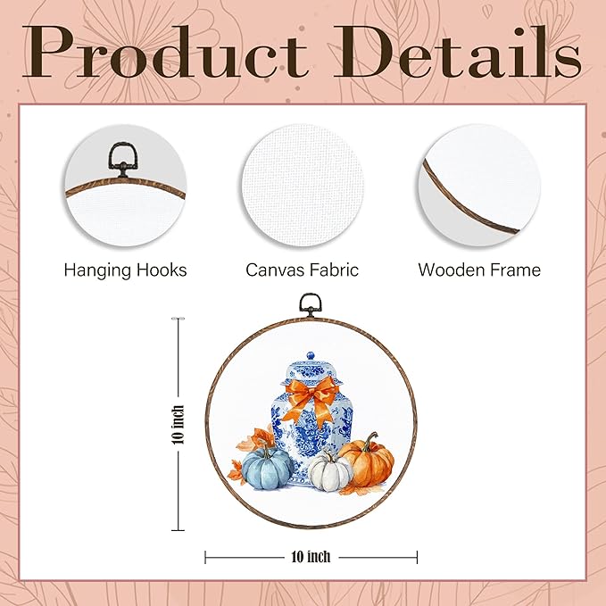 Hxlac Chinoiserie Pumpkin Fall Round Wall Art Framed, Blue and White Porcelain Pumpkin Round Wall Decor, Coquette Bow Chinoiserie Hanging Canvas Prints Wall Sculptures for Home Room Decor, 10x10 Inch