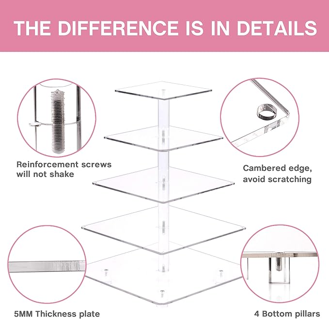 YestBuy Cupcake Stand – 5 Tier Premium Cupcake Holder – Acrylic Cupcake Tower Display – Cady Bar Party Décor –Acrylic Display for Pastry + LED Light String – Ideal for Weddings, Birthday (Pink)