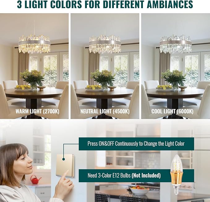 Siljoy 19.7'' Modern Crystal Chandelier for Dining Room, Luxury 2-Tiers K9 Crystal Raindrop Chandelier Flush Mount Dimmable Pendant Ceiling Light for Living Room Kitchen Island E12x12, Brushed Nickel