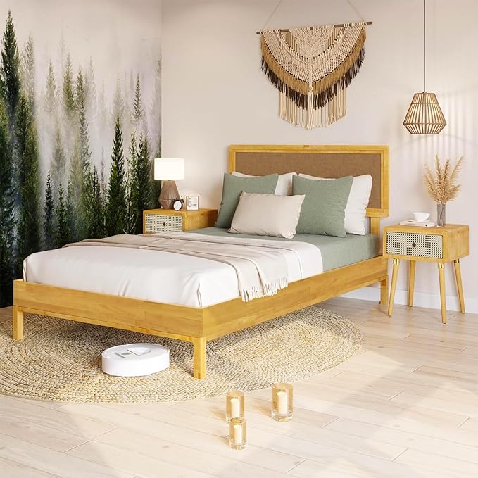 Bme Nipe 14 Inch Bohemian Bed Frame with Adjustable Woven Headboard - Rustic & Vintage Unique Style with Acacia Wood - No Box Spring Needed - Easy Assembly - Full, Natural