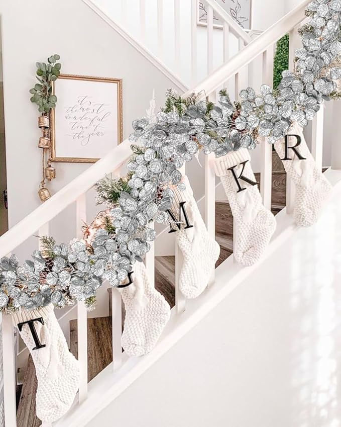 3 Pcs 6FT Christmas Garland Silver Glittered Artificial Eucalyptus Leaves for Mantle Christmas Tree Decorations Indoor Outdoor Hanging Garland Ornaments Garden Door Window Stair Holiday Home Decor