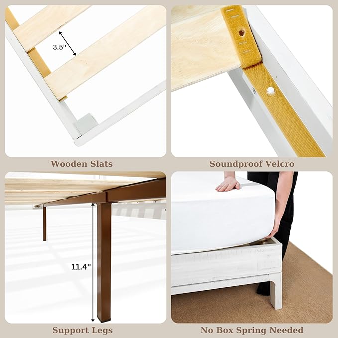 Bme Ethan Queen Bed Frame with Diamond Headboard, Mid-Century Modern, Solid Acacia Wood, No Box Spring Needed, Fits All Mattresses, Rustic White