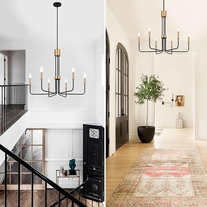 Modern Black and Gold Chandelier,6-Light Farmhouse Chandelier for Dining Room Light Fixtures Ceiling Hanging Industrial Chandelier Light Fixture for Kitchen Living Room Bedroom Entryway