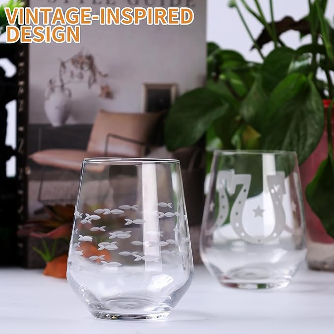 Set of 8 Etched Drinking Glasses, Hand Blown, 4 Highball Glasses 18oz & 4 Stemless Wine Glasses 15oz, Clear Water Glass Cups with Abstract Pattern, for Wedding, Gift