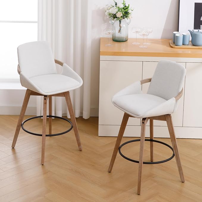 Mid-Century Swivel Bar Stools Set of 2, 26.5 inch Counter Height Barstools Linen Fabric Bar Chairs with Wooden Frame for Kitchen Island Dining Room, White