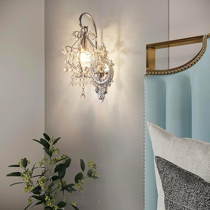 Silver Crystal Vintage Wall Sconces Set of 2 Indoor Hardwired Wall Light Fixture, Modern Wall Mount Lamp Light for Bedroom Living Room Bathroom Vanity Light Hallway Light Fixture Decor LED E12
