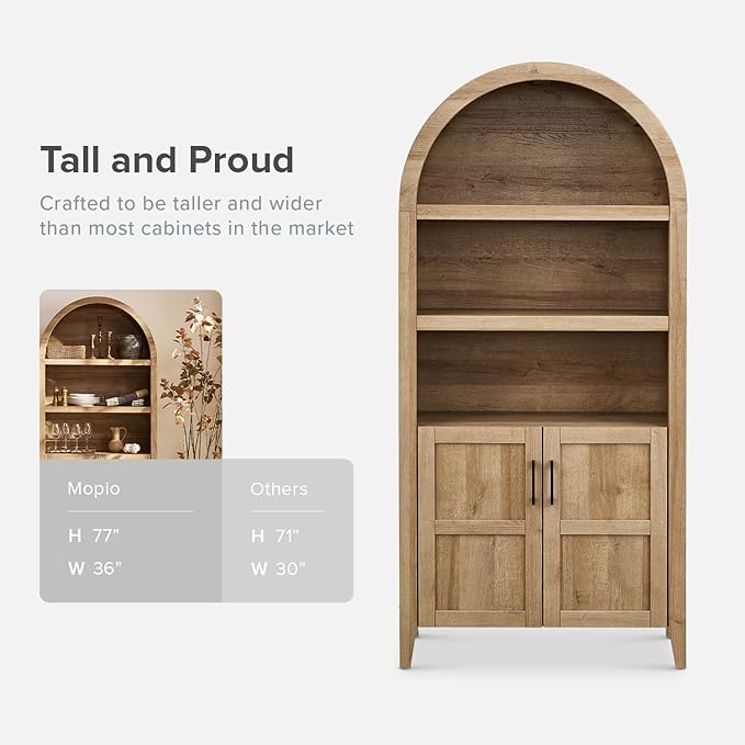 mopio Lauren 77.4" Tall Arched Cabinet, 5-Tier Arched Bookcase with Doors and Adjustable Shelves, Arch Bookshelf with Storage, Wooden Storage Cabinet for Living Room and Kitchen Pantry (Oak)