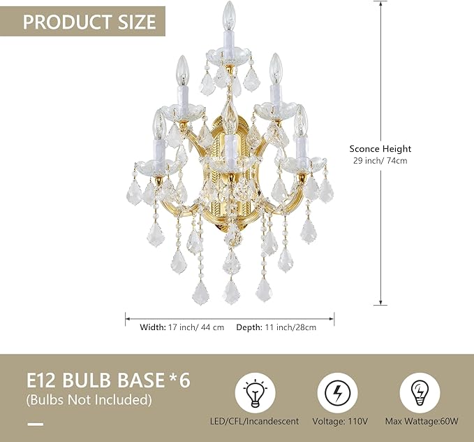 Modern Crystal Wall Sconce Lights- 6 Light Maria Theresa Crystal Wall Sconces Lighting Gold Wall Lamp Chandelier Light Fixtures for Living Room Wall Sconce Light Wall Mounted Lamp Indoor