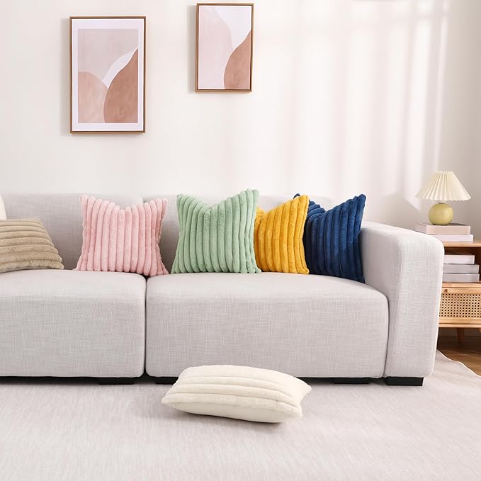 decorUhome Faux Fur Christmas Throw Pillow Covers 24x24 Set of 2, Decorative Soft Plush Striped Neutral Euro Pillow Covers with Velvet Back for Bed, Living Room Home Decor, Sage Green