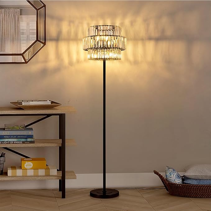 Wellmet Black Floor Lamp for Living Room, 6 Lights Modern Crystal Standing Lamp, Tall Elegant Floor Lamp with Foot Switch for Office, Reading Room, Bedroom, Dining Room(E12 Base)