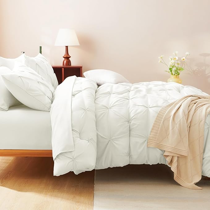CozyLux King Size Comforter Set Ivory, 7 Pieces Pintuck Bed in A Bag Ivory Comforter King Size, Pinch Pleat Bedding Set with All Season Comforter, Sheets, Pillowcases & Shams