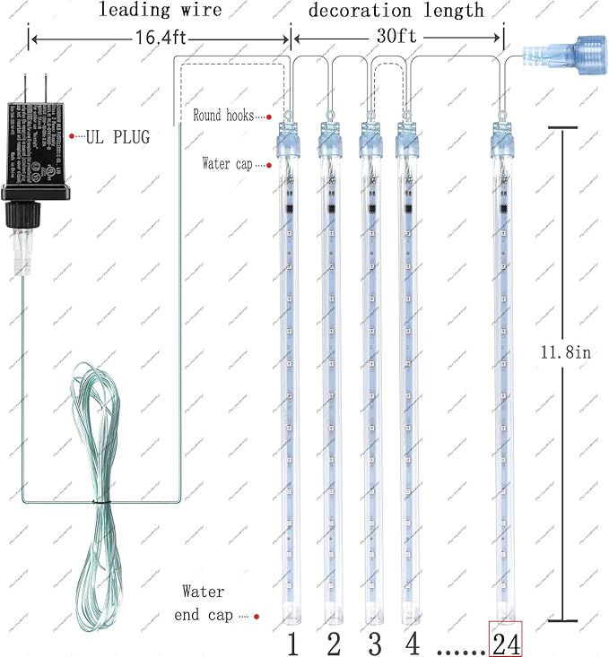 Outdoor Christmas Decorations: Meteor Shower Rain Lights Outdoor 24Tubes(Equivalent to 3 Sets of 8-Tubes) Icicle Christmas Lights for Halloween Xmas Yard Home, Multi Color