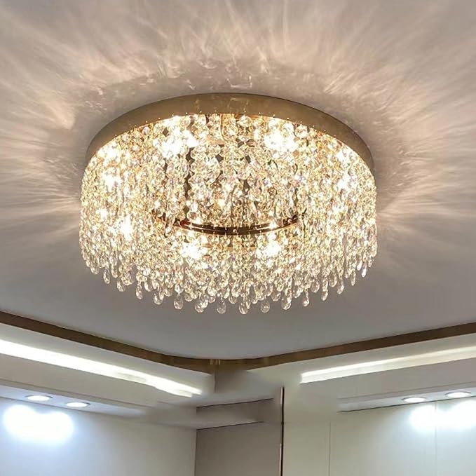 Modern Crystal Chandelier 24 inch Large Gold Chandeliers Ceiling Light Round Raindrop Chandeliers Flush Mount Lighting Fixture for Living Room Dining Room Bedroom
