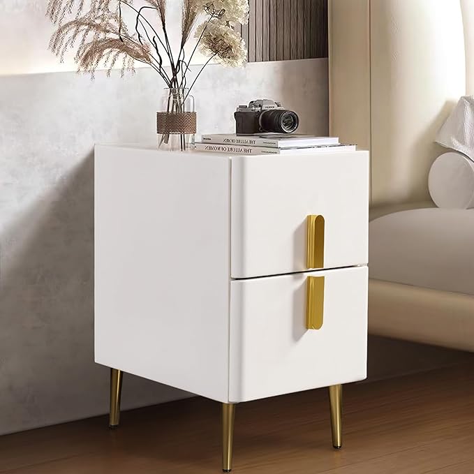 homary Modern Narrow Night Stand, Off White Nightstand with 2 Drawer, Beige Bedside Table in Gold Legs for Bedroom