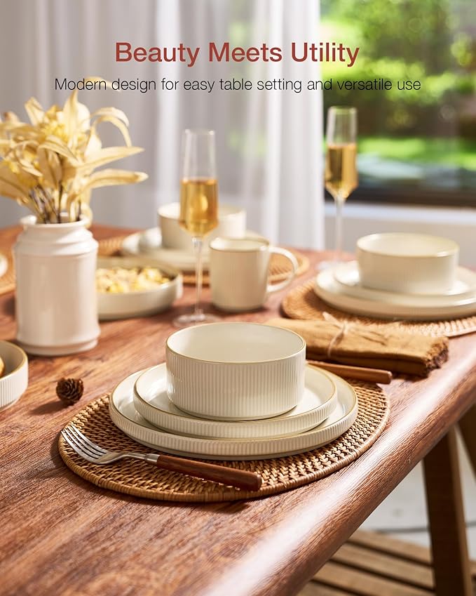 Famiware Star Dinnerware Set, Plates and Bowls Sets for 4 (12pcs), Ribbed Stoneware Dishes - Chip & Scratch Resistant, Microwave & Dishwasher Safe Tableware, White