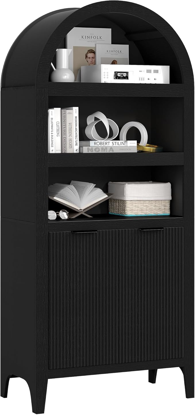 Arched Cabinet Bookshelf Black Arch Bookcase with Doors, Wooden Curved Book Case 5-Tier Tall Round Top Bookshelves for Living Room