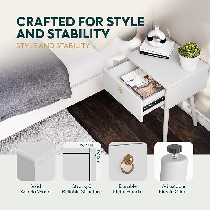 Bme Alden Wood Bedside Table Solid Wood Mid Century Modern Nightstand Compact for Bedroom Living Room & Study Room Easy Assembly, Ivory White