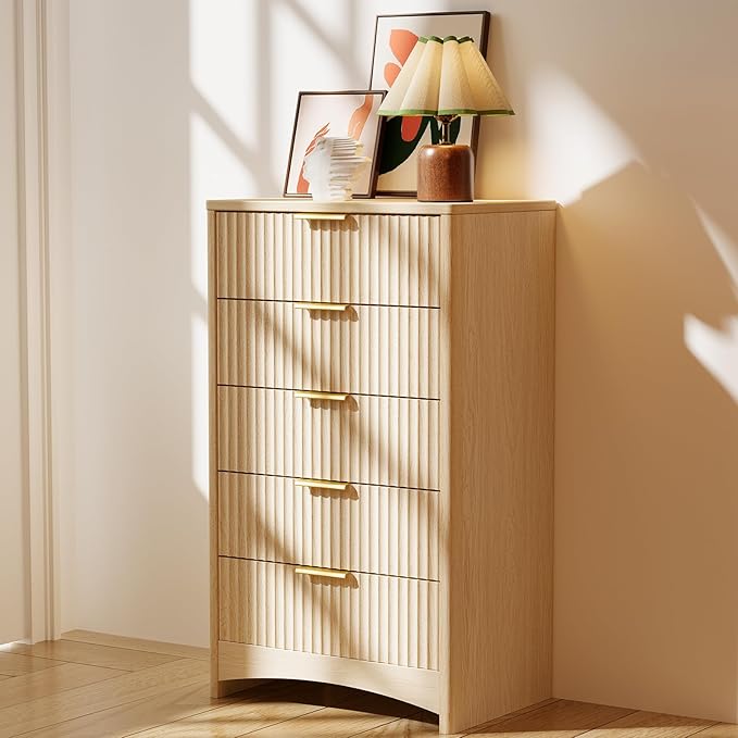 Pipishell Dresser for Bedroom, Fluted 5 Drawers Dresser, 40" Tall Modern Chest of Drawer with Round Edge & Pre-Installed Drawer Slides, Natural Wood Drawer Organizer for Bedroom, Hallway, Natural Oak