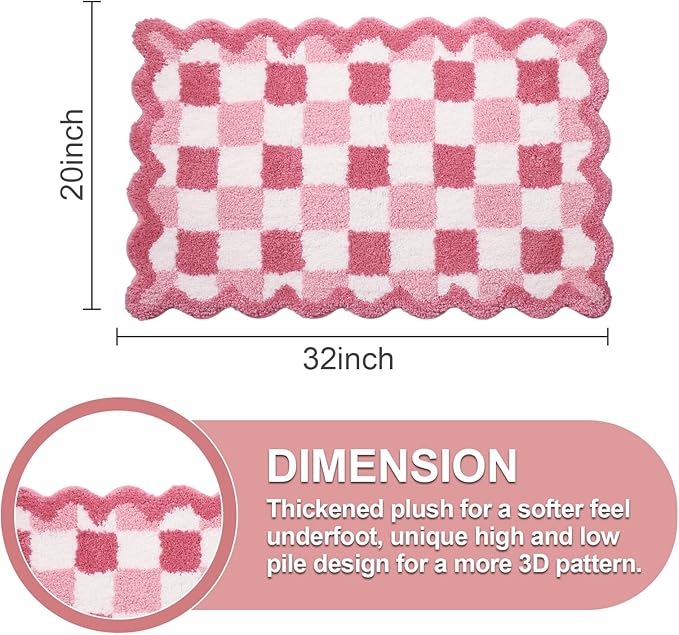 ORTIGIA Cute Pink Checkered Scalloped Bath Mat, Fun Plush Microfiber Bathroom Rugs Non Slip Washable Quick Dry Absorbent, Bath Rug for Shower Stall Vanities Kitchen Floor Entrance, 20x32