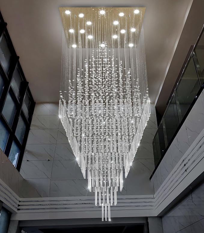 W40 x H120 Glam Chandelier with LED Bulbs Square Chandeliers, Crystal Raindrop High Ceiling Pendant Light for Entrance Large Villa Foyer Lighting Fixtures Gold