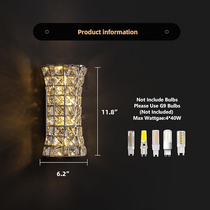 Crystal Wall Light Fixtures,Modern Chrome Wall Lamp with Clear K9 Crystals,Luxury Crystal Wall Sconces for Living Room Bedroom Bathroom Hallway Doorway Stairway,Bedside