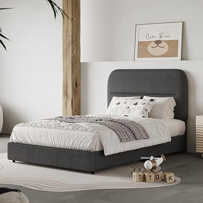 Twin Bed Frame Twin with Rounded Headboard, Soft Modern Twin Size Boucle with Thickened Footboard, Rounded Corners, No Box Spring Needed, Easy Assembly, Grey