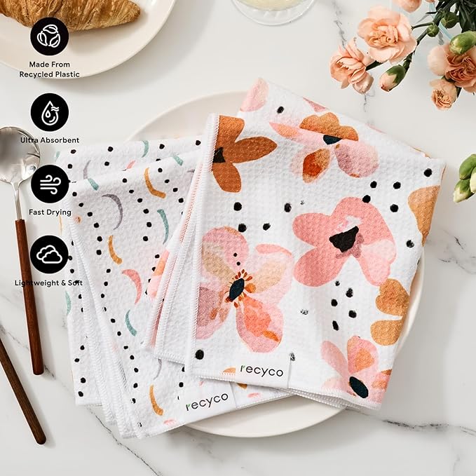 RECYCO Waffle Kitchen Towels Set of 2 Quick Dry Microfiber Sustainable Lightweight Hand Towels Blossom Breeze 16x28