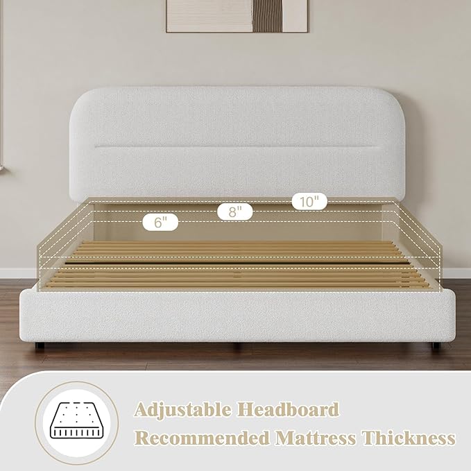 Queen Size Boucle Bed Frame, Upholstered Queen Size with Headboard, Soft Cloud Bed with Thickened Footboard, Rounded Corners, No Box Spring Needed, Easy Assembly, White