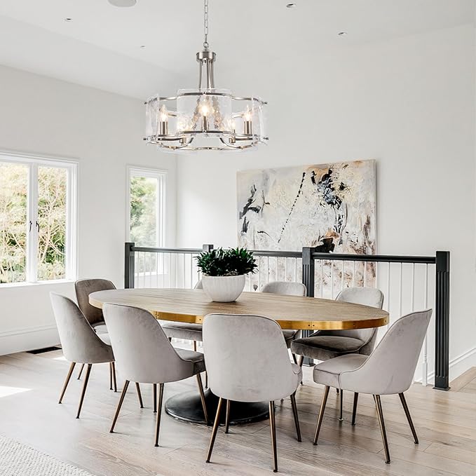 Modern Textured Glass Chandelier for Dining Room, 5-Light Brushed Nickel Crystal Chandeliers Light Fixture, Drum Round Rustic Farmhouse Chandelier for Kitchen Island Bedroom Living room Foyer,E12