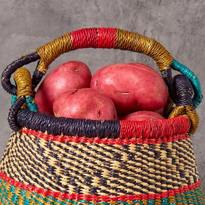 Kitchen Decor, Kitchen Storage, Fruit Basket, Wicker Basket, Woven, Shelf Decor, Decorative Basket, Harvestng Basket, Boho, African, Bolga, Pot Shape, 9" W, Small, Dark Green