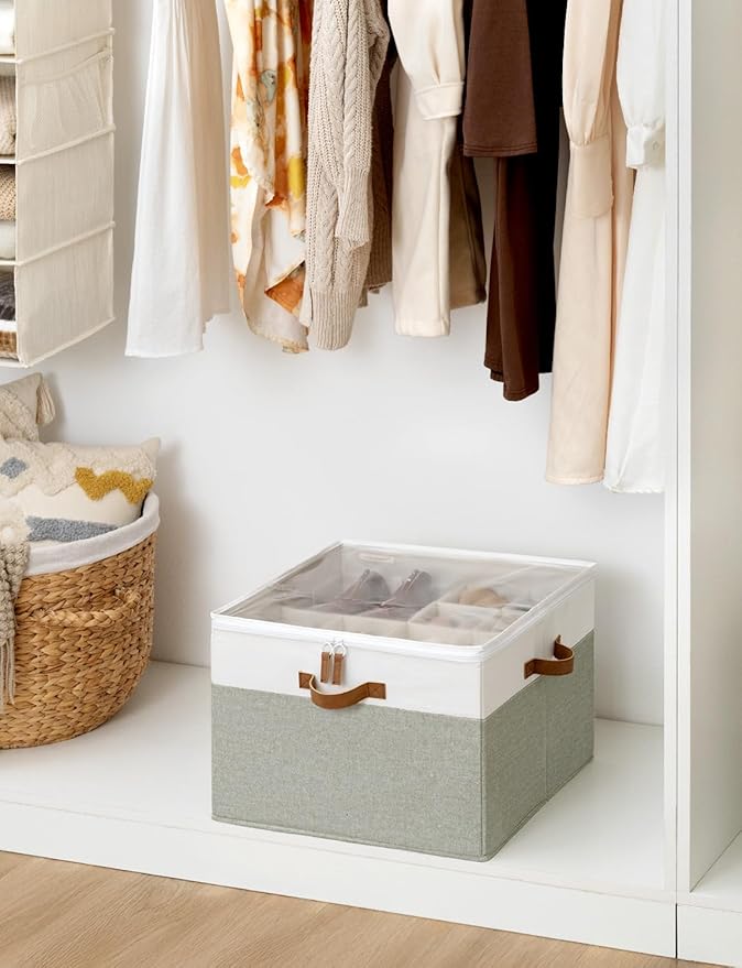 StorageWorks Shoe Organizer for Closet, Fits up to 16 Pairs, Shoe Cubby Storage Containers with Adjustable Dividers and Clear Cover, Green & White