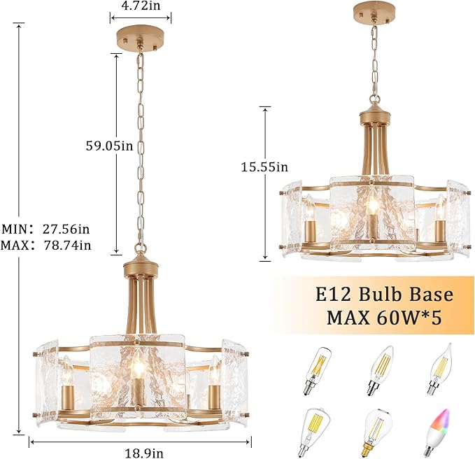 5-Light Gold Glass Chandelier for Dining Room, Modern Textured Glass Light Fixture Gold Chandeliers, Drum Round Chandelier for Kitchen Island Living Room Foyer Bedroom, E12