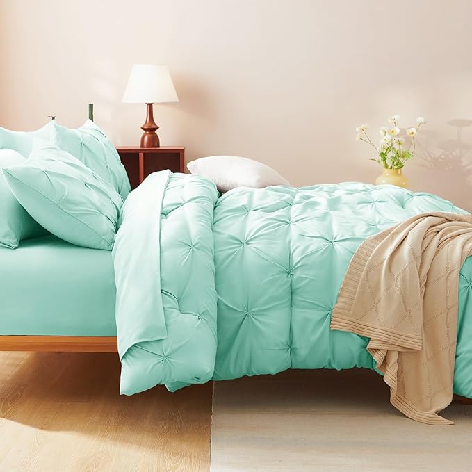 CozyLux Full Size Comforter Sets Mint Green, 7 Pieces Pintuck Bed in A Bag Green Comforter Full Size, Pinch Pleat Bedding Sets with All Season Comforter, Flat Sheet, Fitted Sheet, Pillowcases & Shams