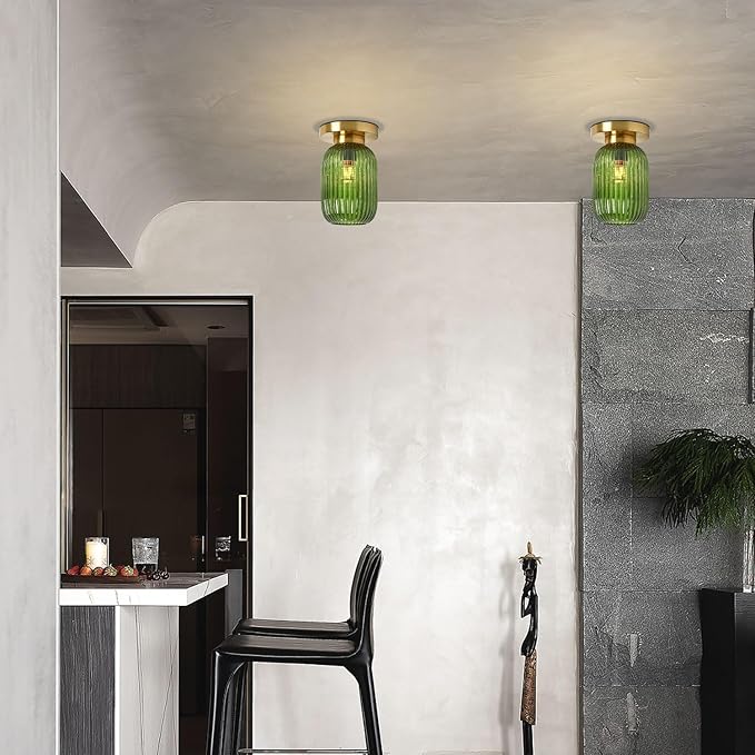Mid Century Modern Ceiling Lamp 1-Light Gold Ceiling Light Classic Green Glass Shade Vintage Design Glass Flush Mount Lights for Hallway Living Room Kitchen (Green, 2 Pack)