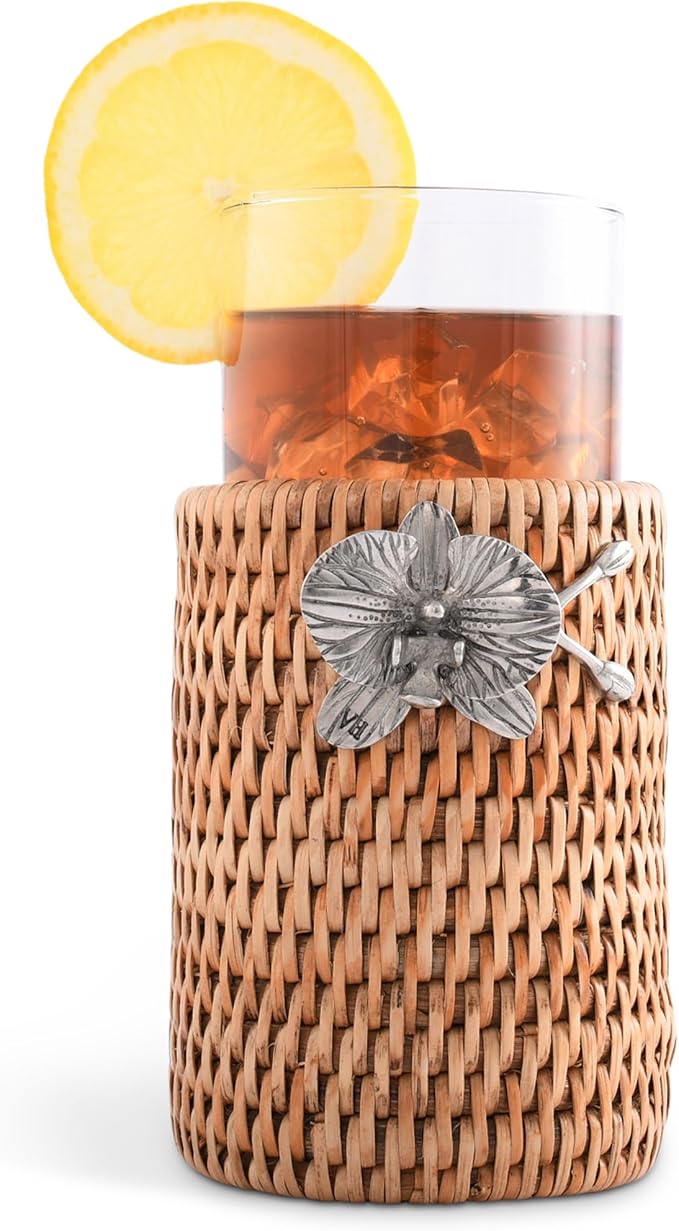 Vagabond House Stylish Set Of 4 Rattan Wicker Tall Drinking Glasses With Pewter Black Orchid, Ideal For Botanic Garden And Native Species Enthusiasts, Acts As Coaster at Poolside Florida - Removable