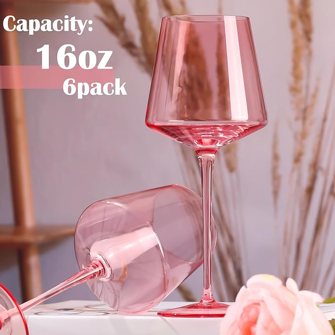 Physkoa Pink Wine Glasses Set of 6-16oz Hand-Blown Pink Wine Glass with Long Stem, Unique Red&White Wine Glasses For Christmas Party Home Bar