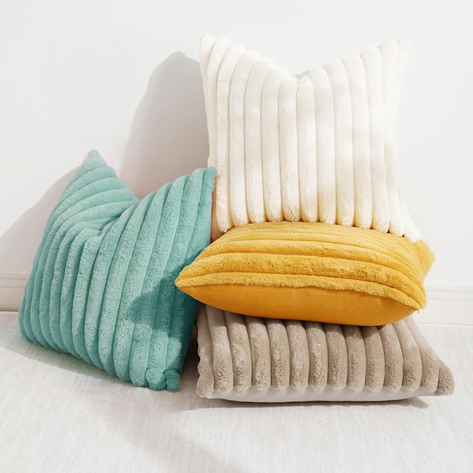 decorUhome Faux Fur Throw Pillow Covers 12x20 Set of 2, Decorative Soft Plush Striped Lumbar Neutral Euro Pillow Covers with Velvet Back for Bed, Living Room Home Decor, Aqua