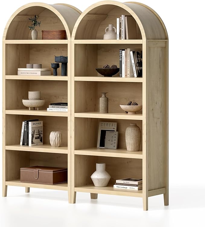 71" Tall Arched Bookcase Set of 2, 5 Tier Bookshelf with Adjustable Shelves Wood Storage Cabinet Freestanding Display Kitchen Pantry for Living Room Home Office, Light Oak