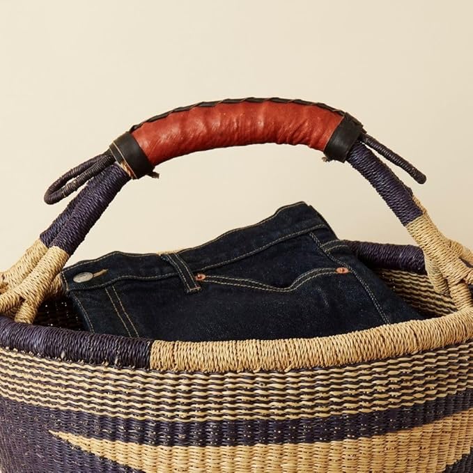 Wide Bohemian Pot Basket Picnic Basket (Navy Natural)
