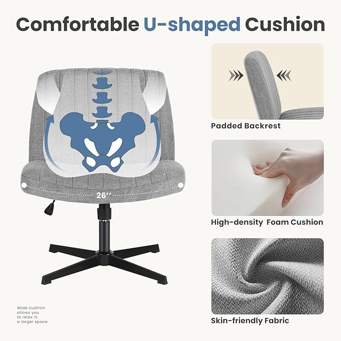 DUMOS Desk Chair No Wheels, Criss Cross Chair Wide Cross Legged Desk Vanity Comfy Chair, Armless Adjustable Swivel Chairs for Home Computer Task Gray