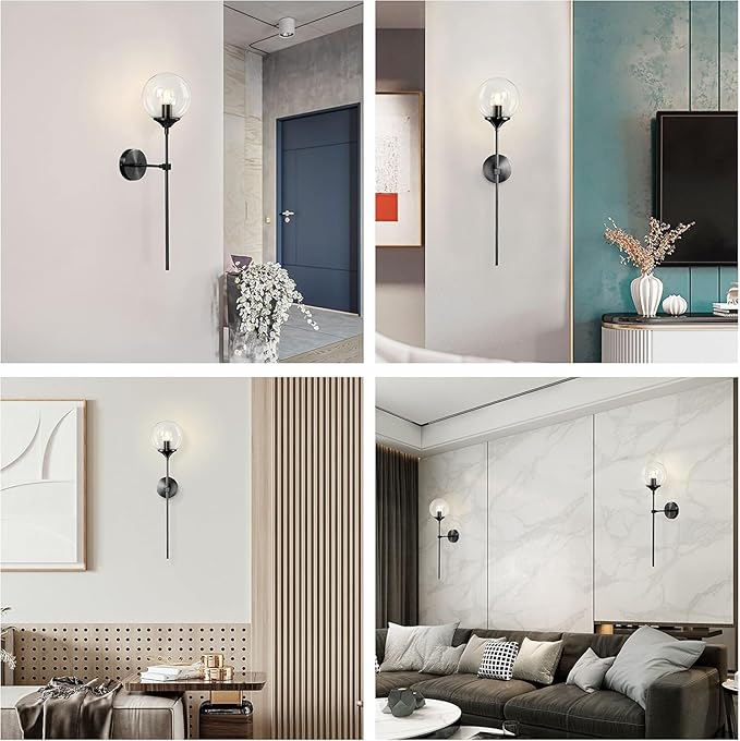 KCO Lighting Mid Century Black Wall Mounted Sconce Round Clear Glass Globe Wall Lamp Minimalist Slim Wall Sconce Light for Hallway Stairs Bathroom Mirror