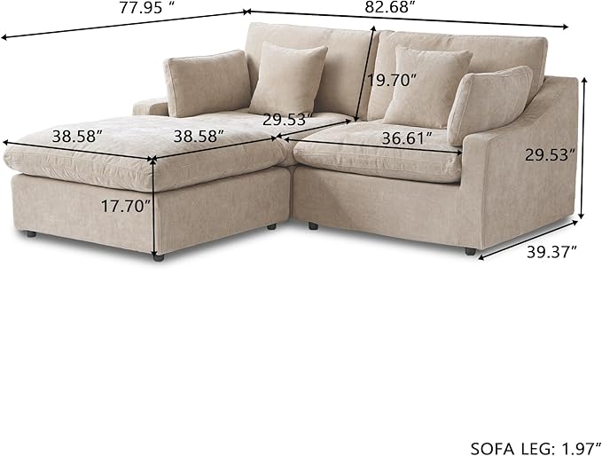 Cloud Couch Modular Sectional Sofa,82.68" L Shaped Couch,Down Filled Convertible Wide Seater, 2 Seater+Ottoman for Living Room Set,Covers Washable&Replaceable,Khaki