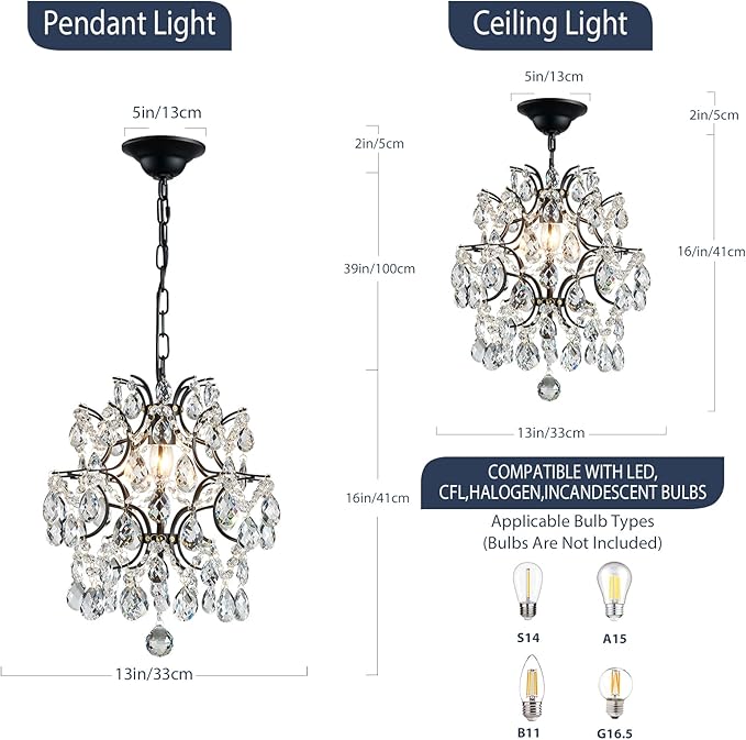 Bestier Black Modern Pendant Chandelier Crystal Raindrop Lighting Ceiling Light Fixture Lamp for Dining Room Bathroom Bedroom Livingroom entryway 1 E26 Bulbs Required D13 in x H16 in