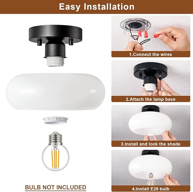 Mid-Century Modern Semi Flush Mount Ceiling Light, Metal Kitchen Light Fixture with Glass Shade,Vintage White and Black Colse to Ceiling Lamp for Entryway Hallway Bathroom (11.0 Inch)